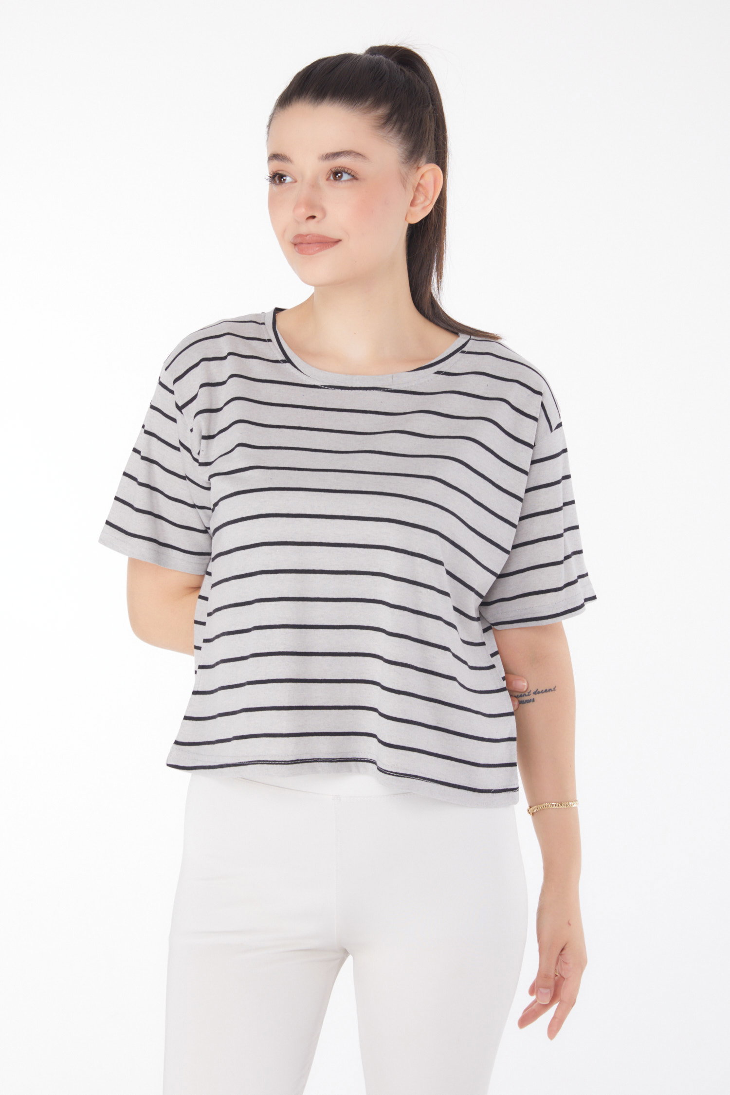 Çizgili Kısa Kollu Crop Gri - 25842 - 3