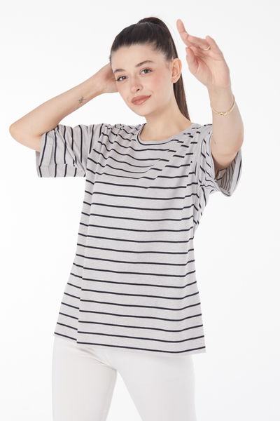 Çizgili Kısa Kollu T-shirt Gri - 25840 