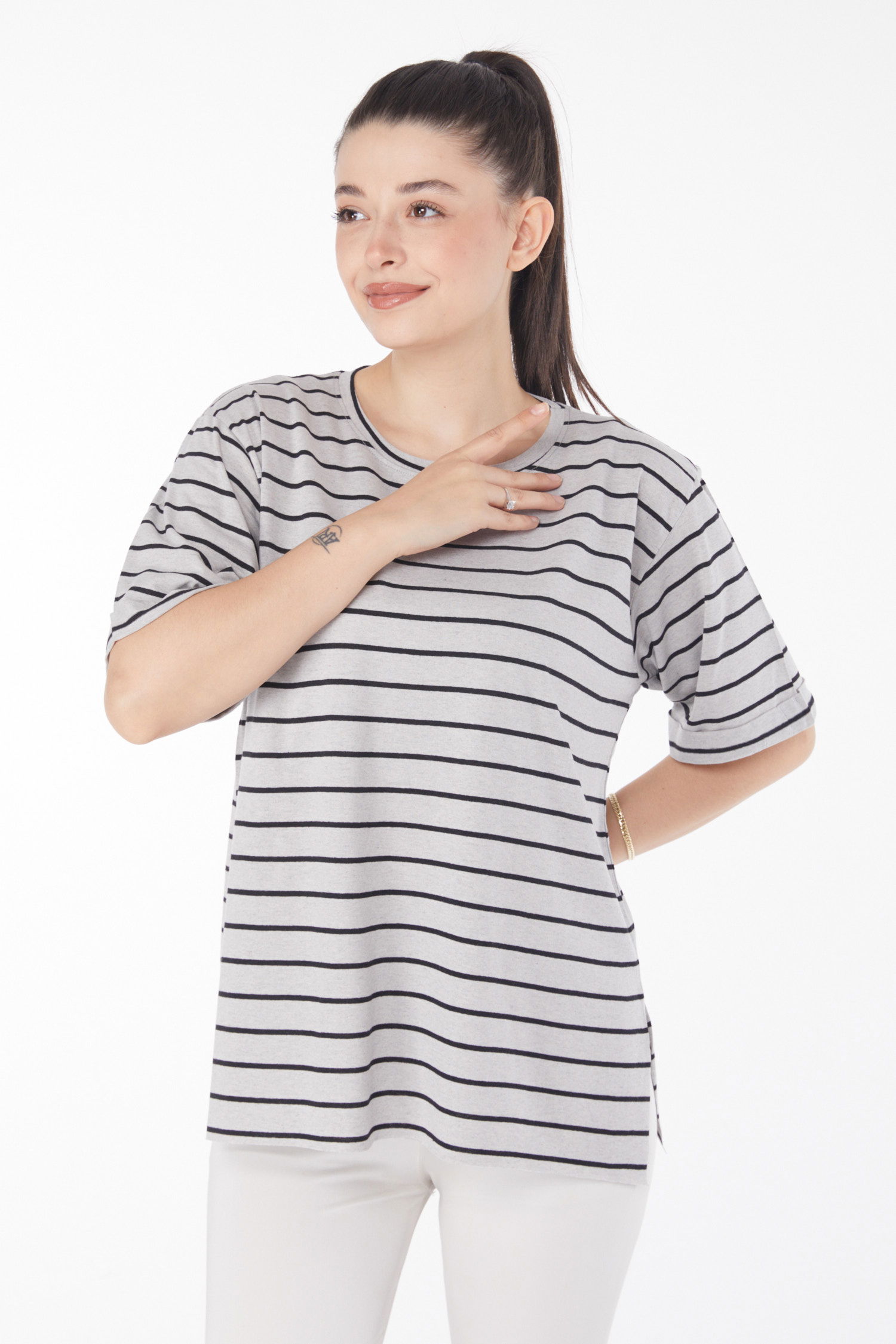 Çizgili Kısa Kollu T-shirt Gri - 25840 - 2