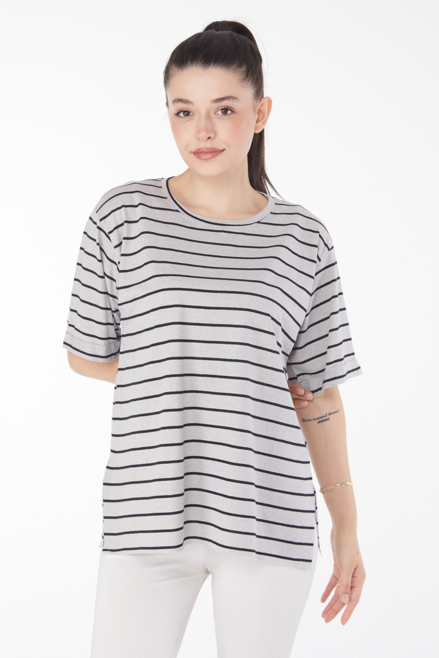 Çizgili Kısa Kollu T-shirt Gri - 25840 - 3