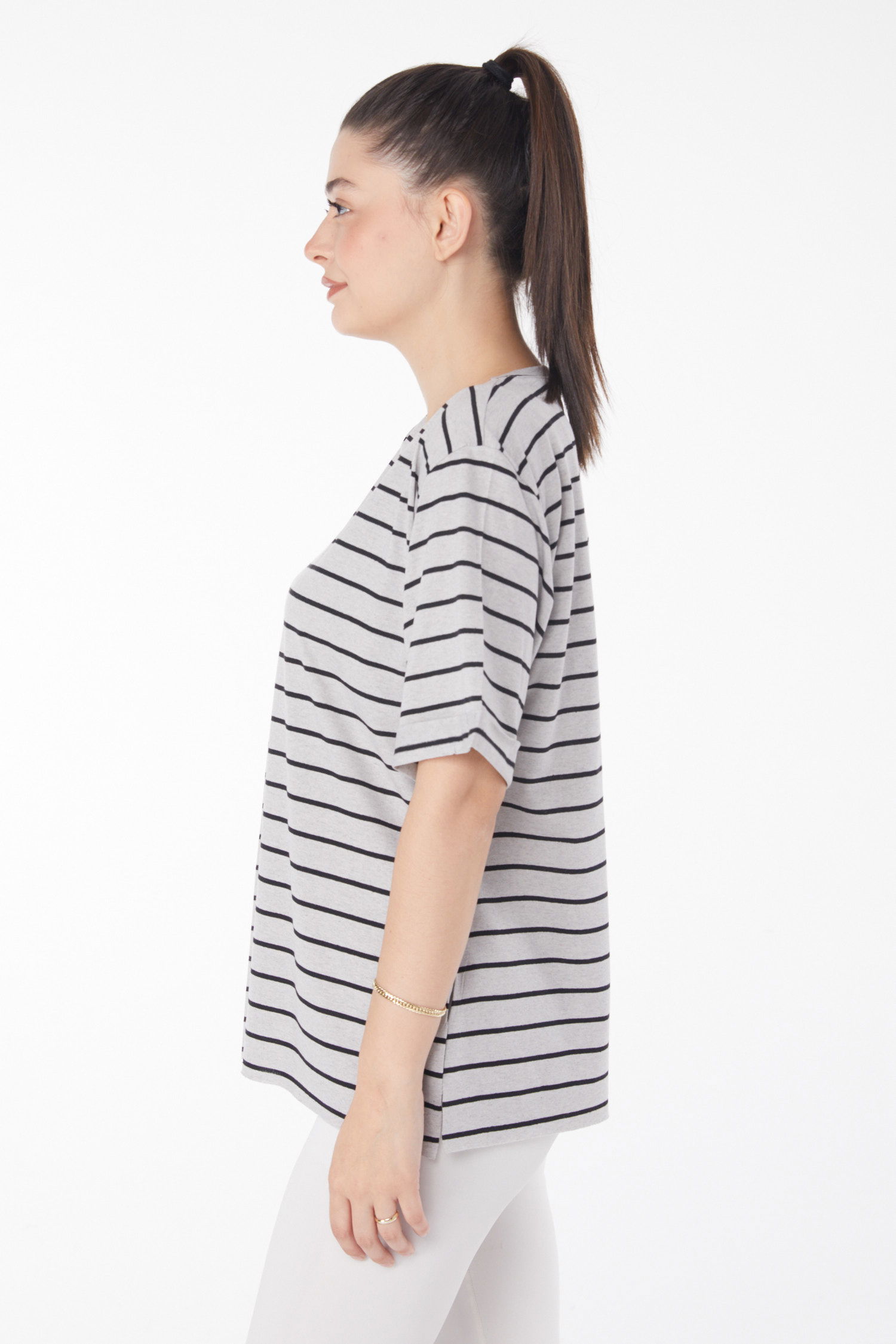 Çizgili Kısa Kollu T-shirt Gri - 25840 - 4