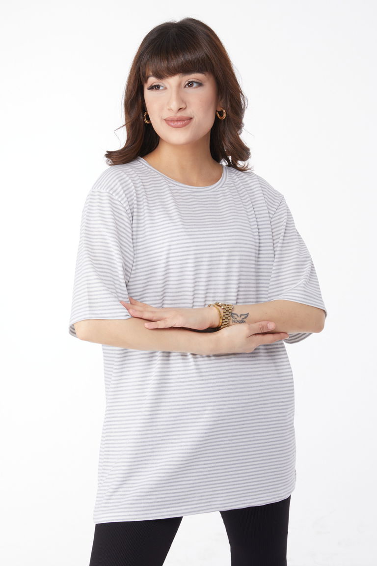 Düz Bisiklet Yaka Kadın Gri Çizglİi T-short - 25119 - TOFİSA