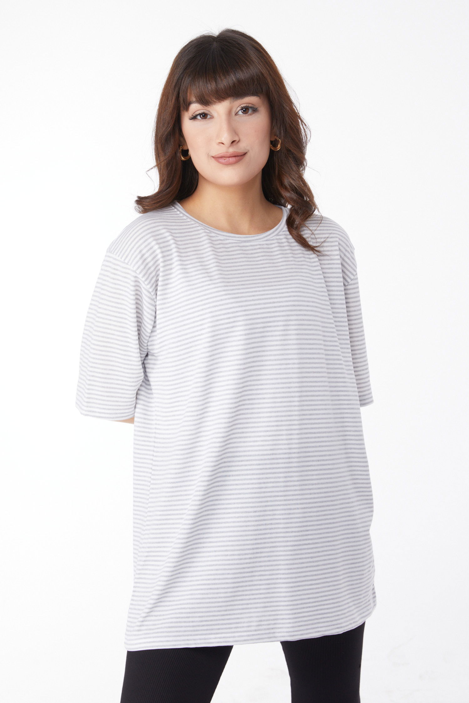 Düz Bisiklet Yaka Kadın Gri Çizglİi T-short - 25119 - 2