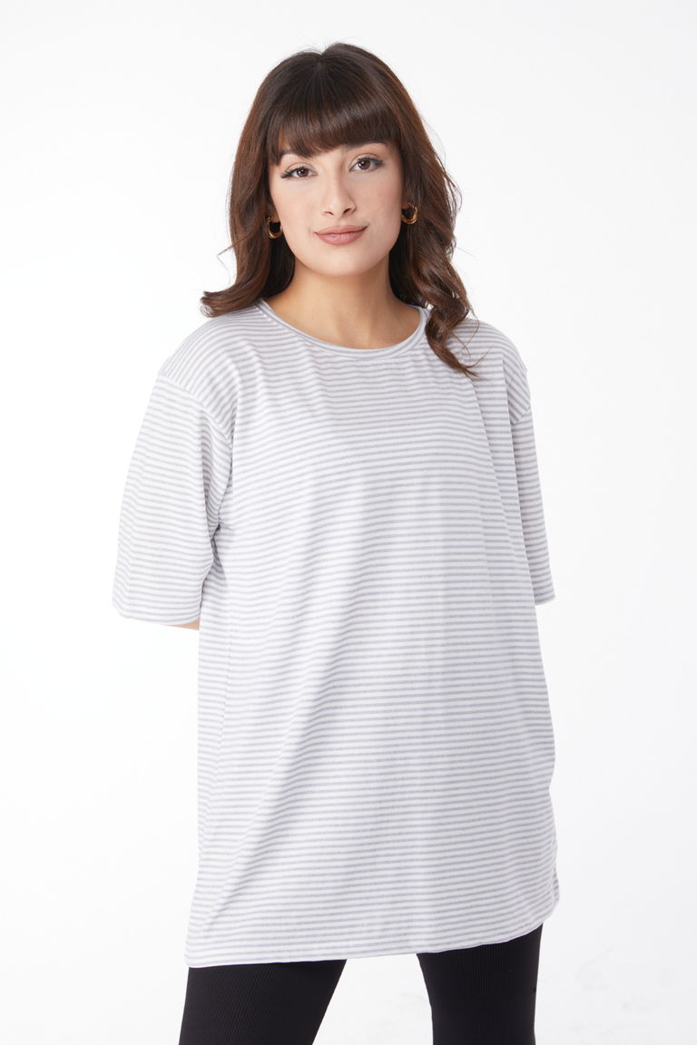Düz Bisiklet Yaka Kadın Gri Çizglİi T-short - 25119 - TOFİSA