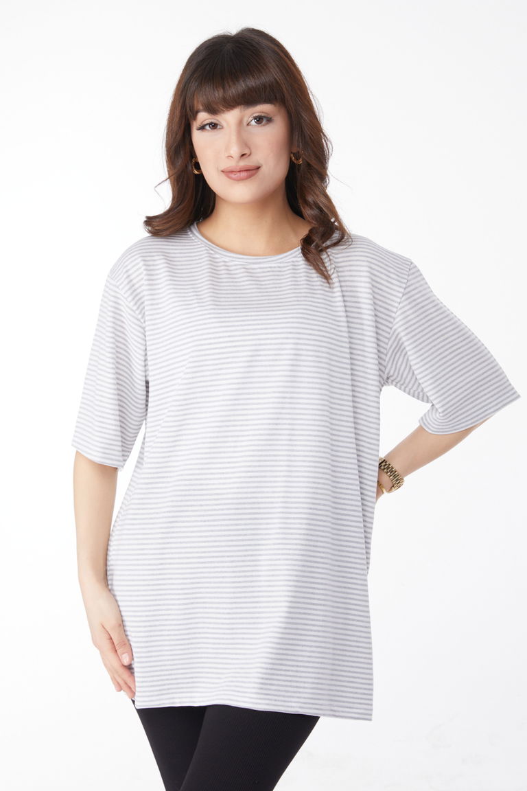 Düz Bisiklet Yaka Kadın Gri Çizglİi T-short - 25119 - TOFİSA