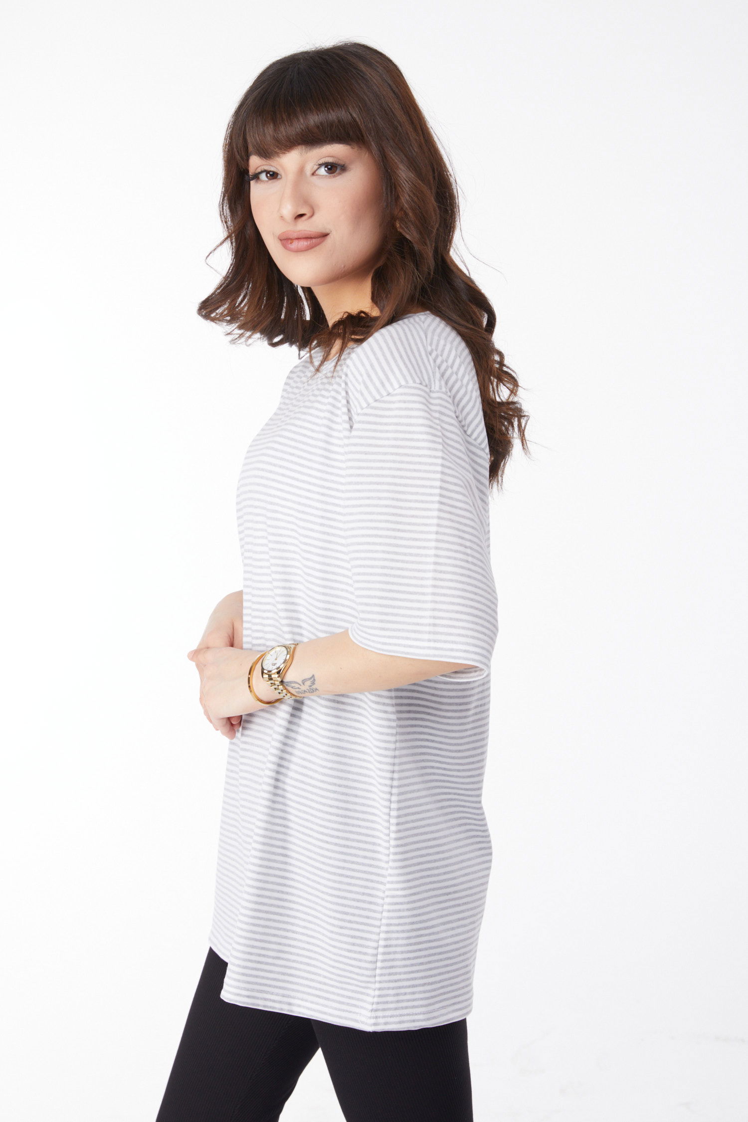 Düz Bisiklet Yaka Kadın Gri Çizglİi T-short - 25119 - 4