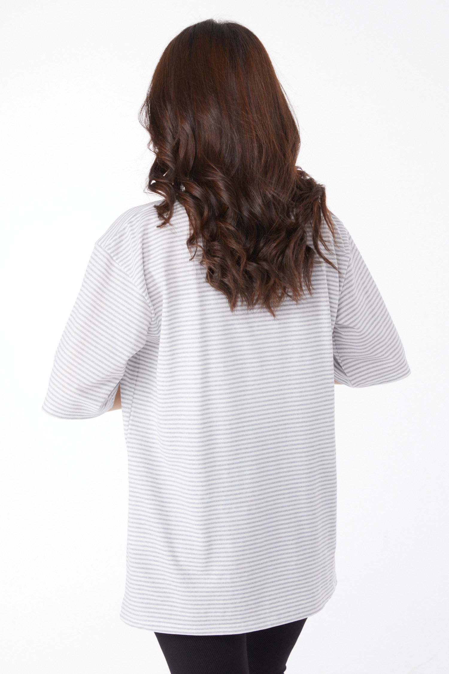 Düz Bisiklet Yaka Kadın Gri Çizglİi T-short - 25119 - 5