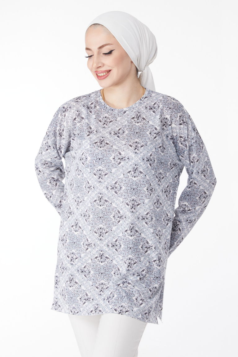 Desenli Bluz Gri - 24733 - TOFİSA