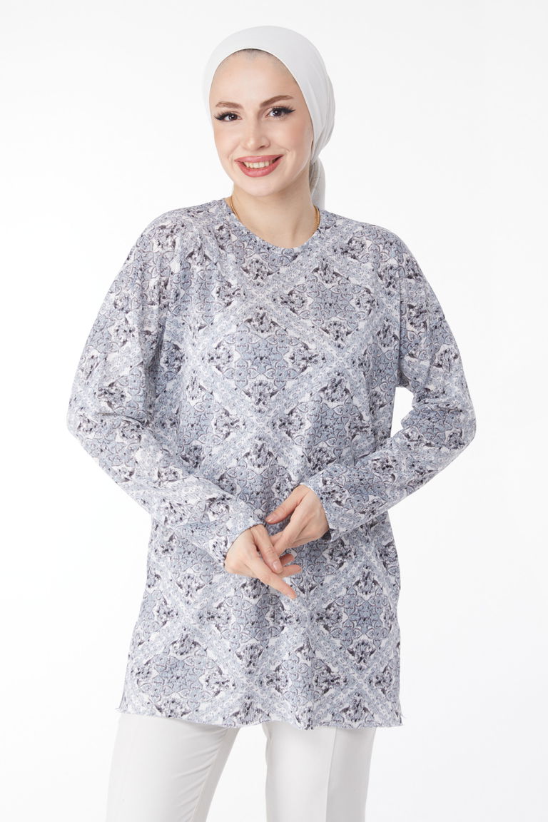 Desenli Bluz Gri - 24733 - TOFİSA