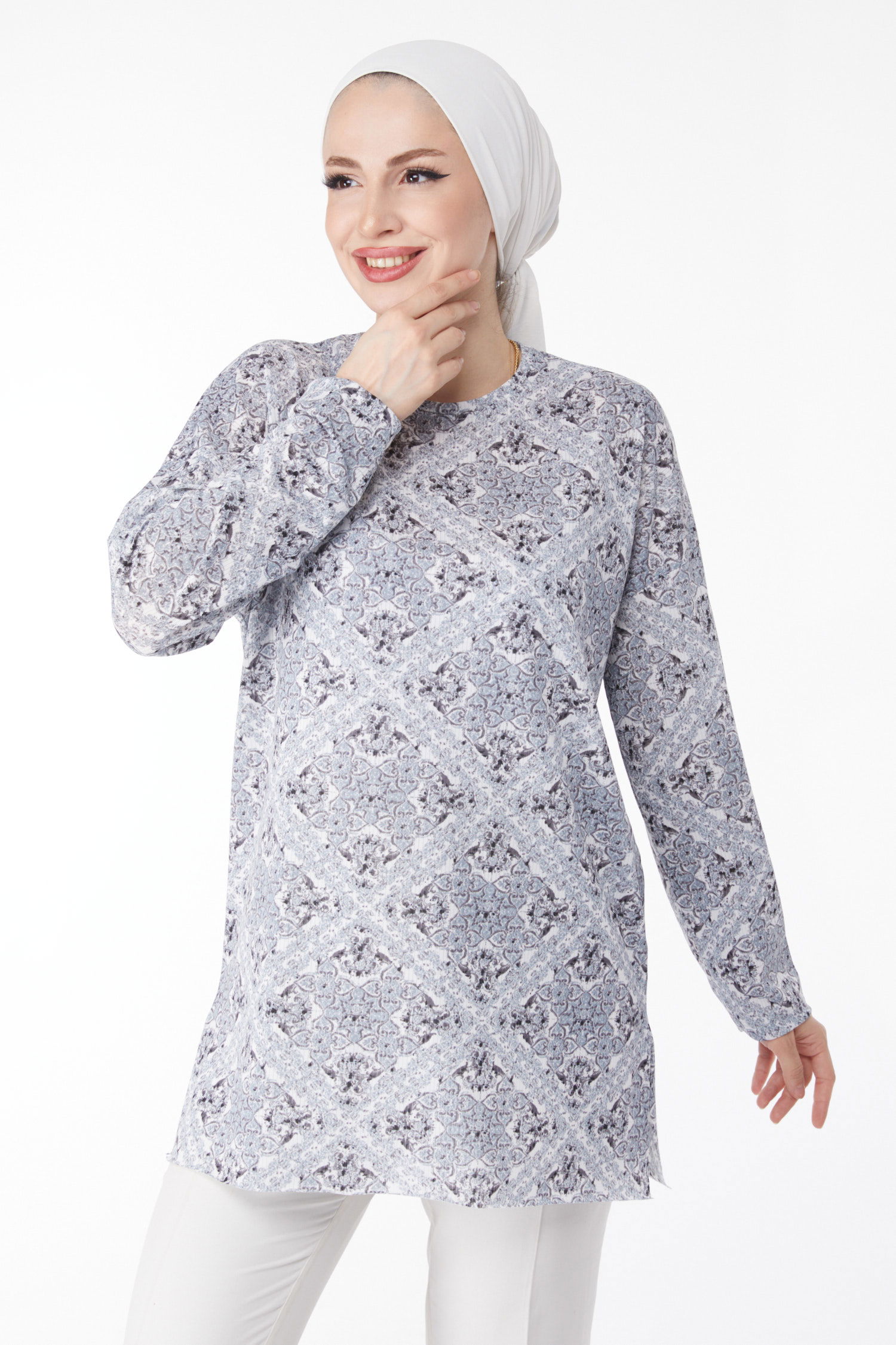 Desenli Bluz Gri - 24733 - 3