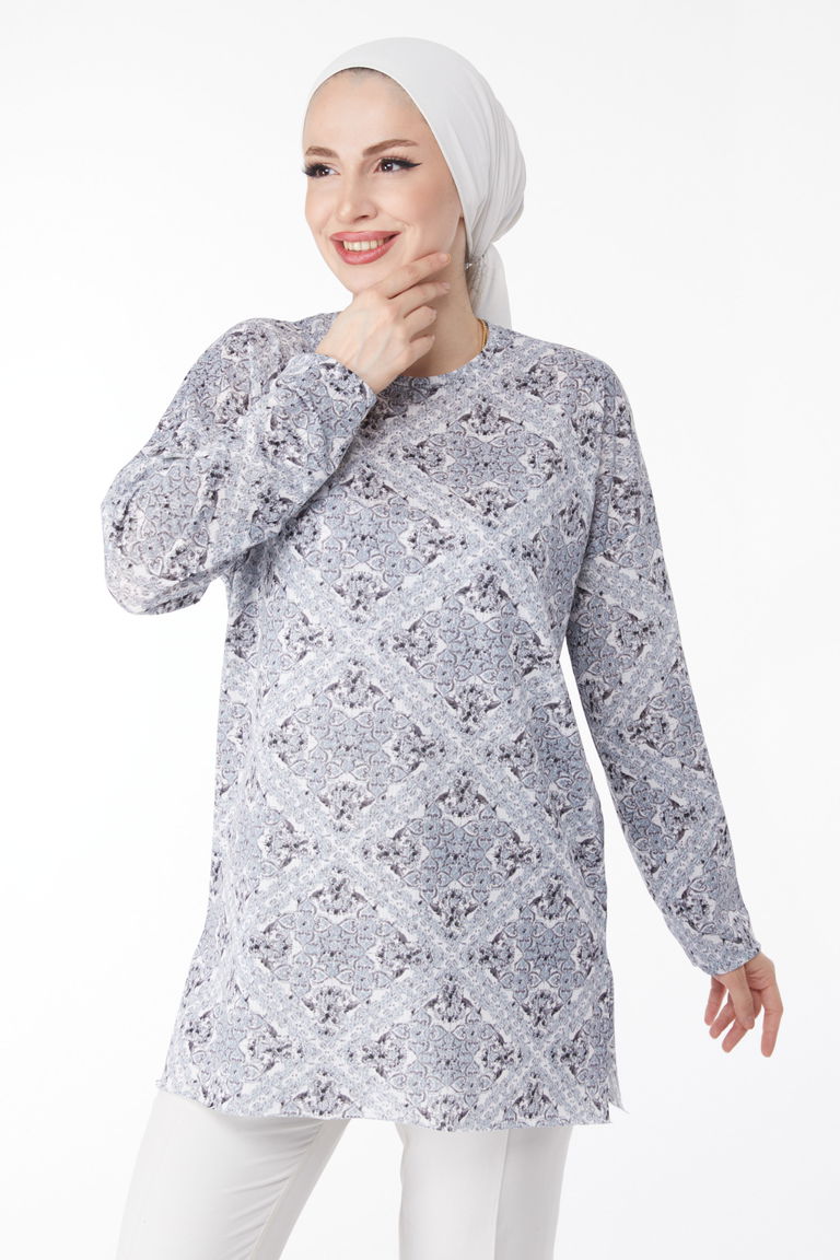 Desenli Bluz Gri - 24733 - TOFİSA