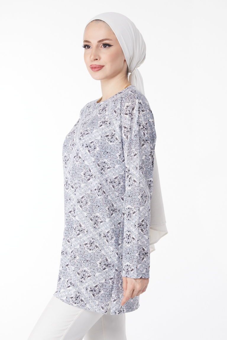 Desenli Bluz Gri - 24733 - TOFİSA