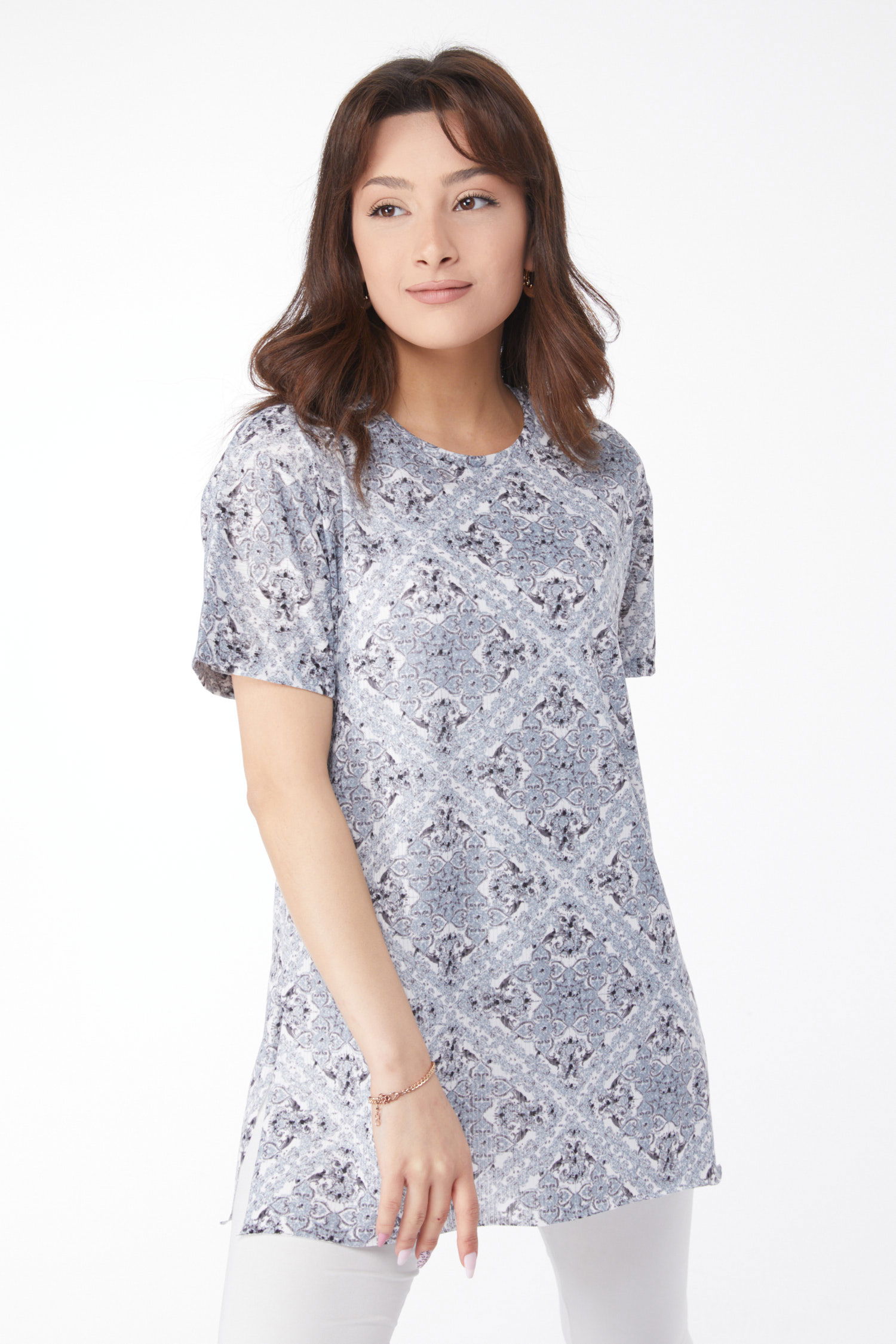 Desenli T-shirt Gri - 24738 - 3