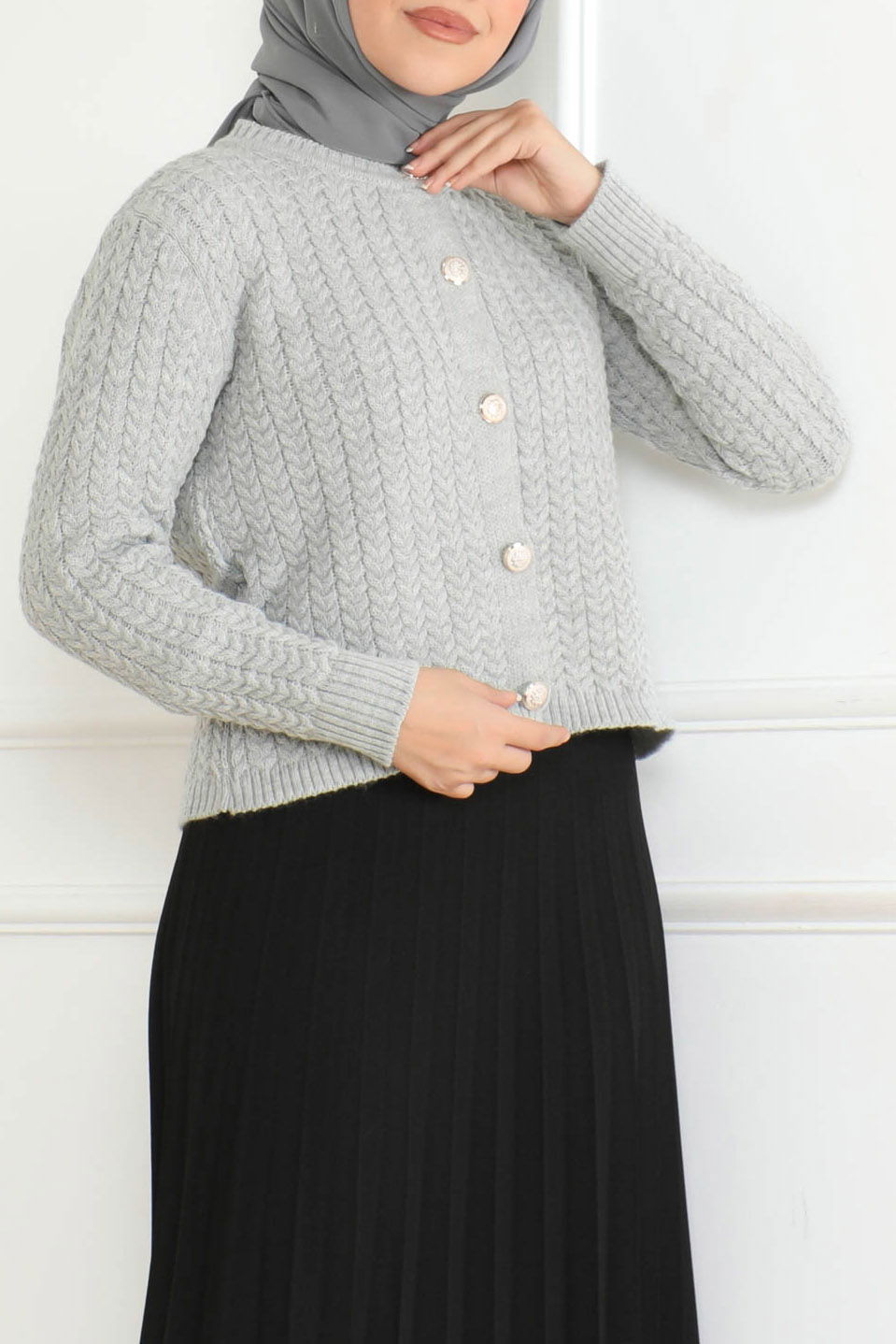 Düz Bisiklet Yaka Kadın Gri Düğmeli Triko Ceket - 26643 - 1