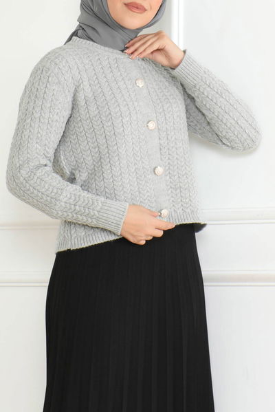 Düz Bisiklet Yaka Kadın Gri Düğmeli Triko Ceket - 26643 