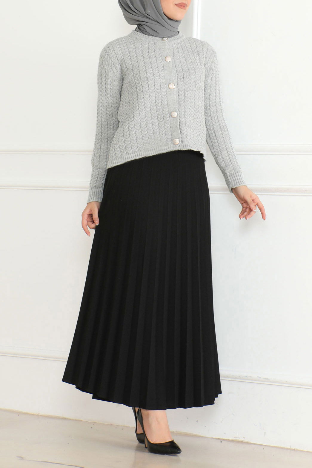 Düz Bisiklet Yaka Kadın Gri Düğmeli Triko Ceket - 26643 - 2