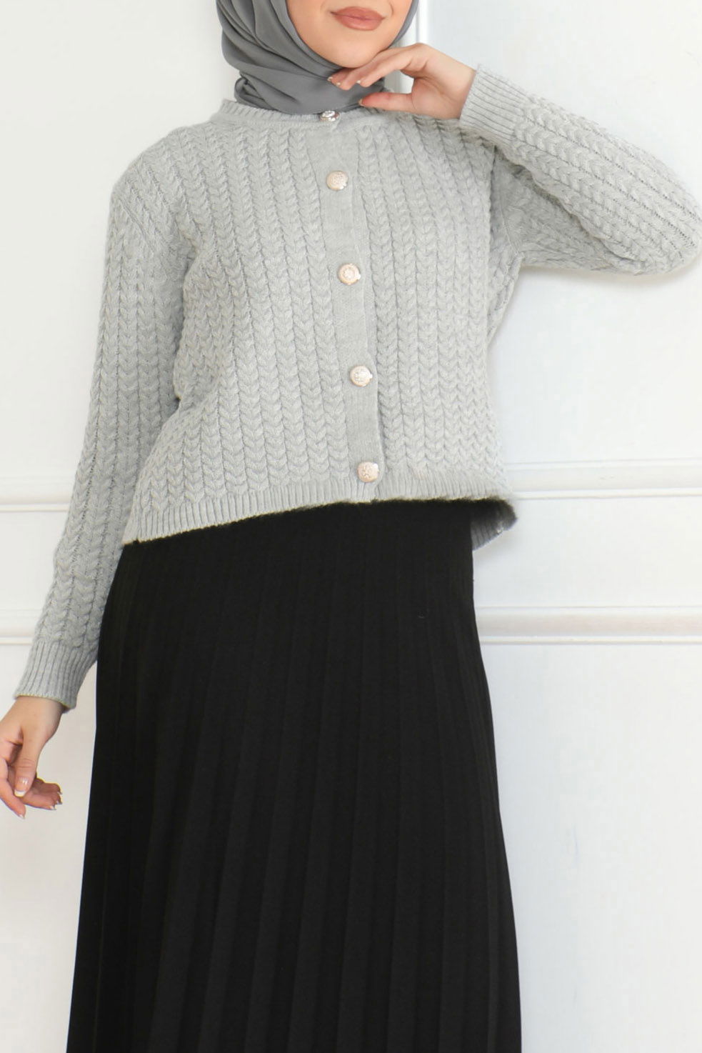 Düz Bisiklet Yaka Kadın Gri Düğmeli Triko Ceket - 26643 - 3