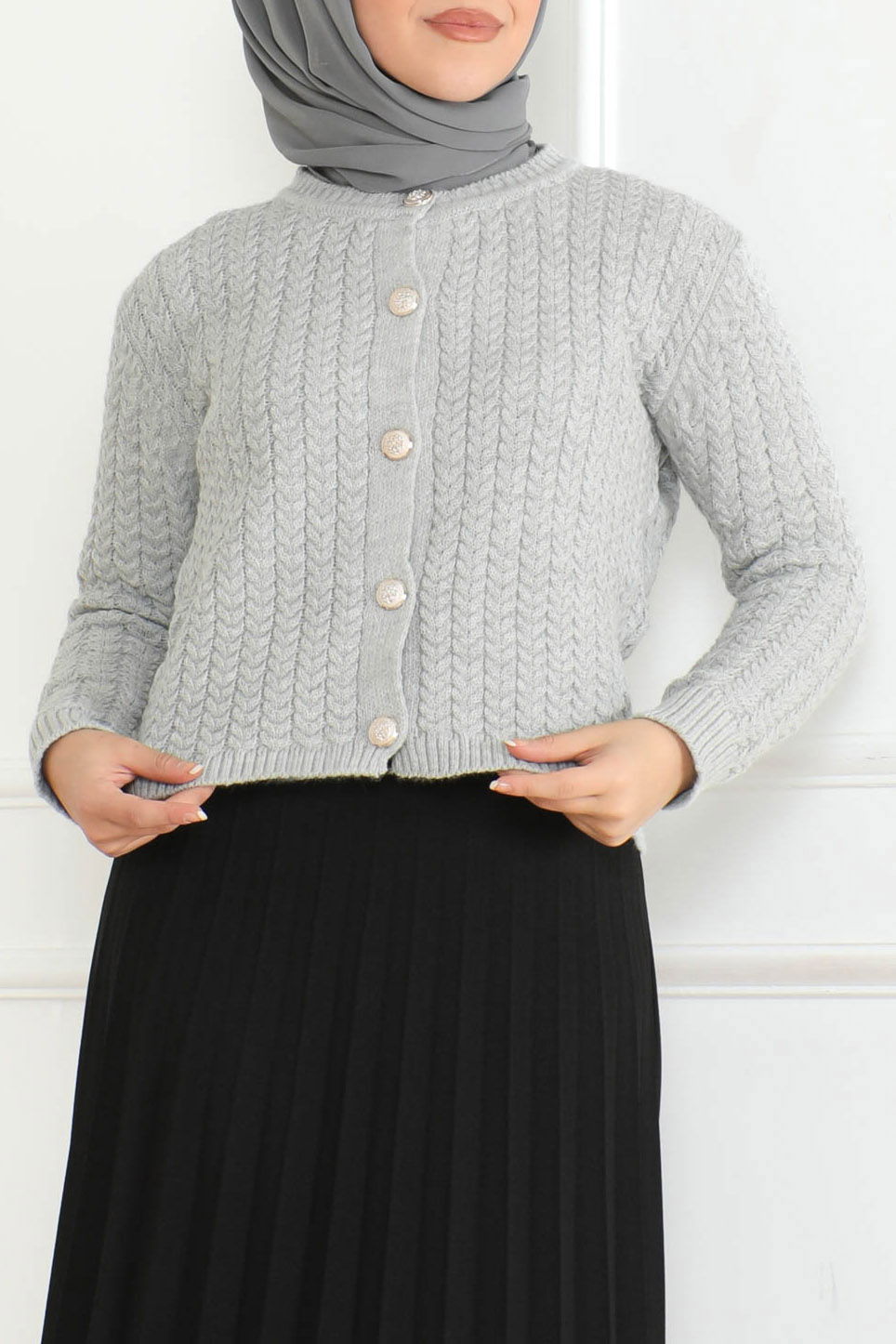 Düz Bisiklet Yaka Kadın Gri Düğmeli Triko Ceket - 26643 - 4