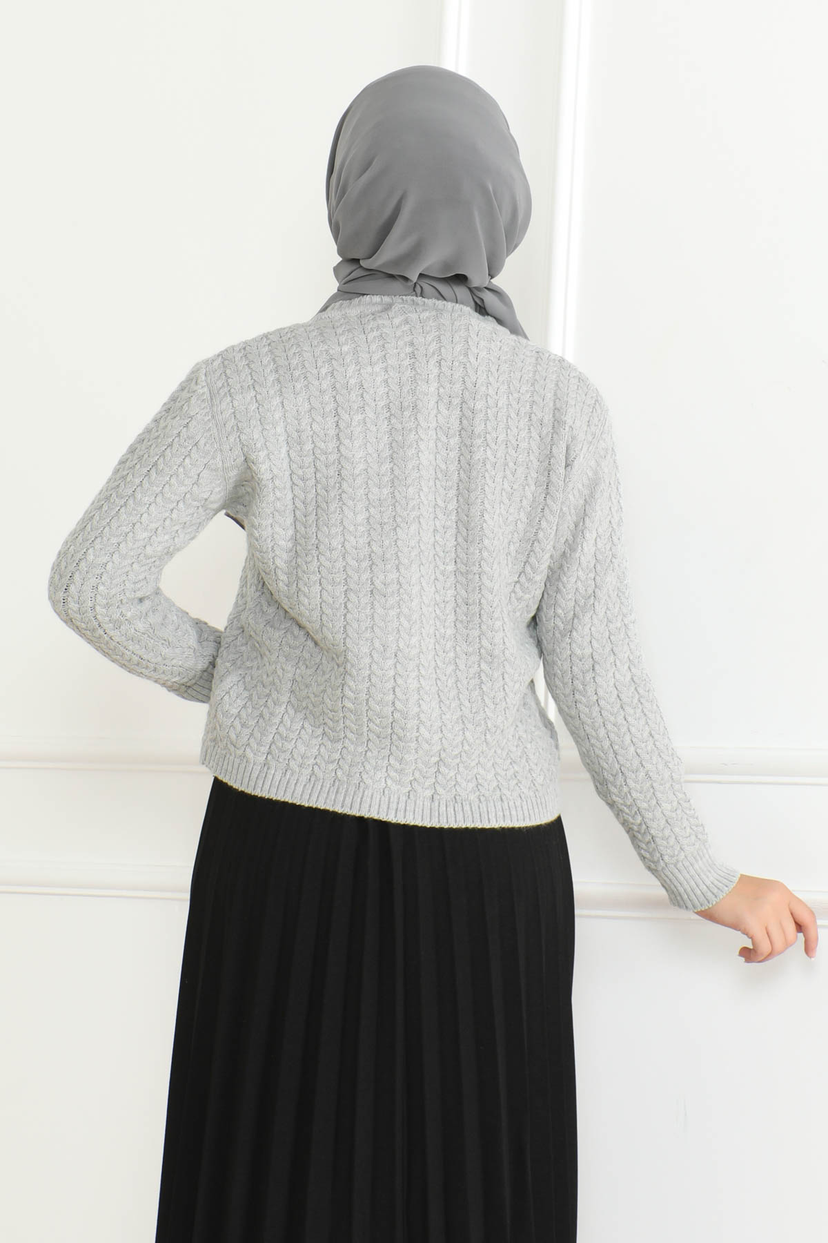 Düz Bisiklet Yaka Kadın Gri Düğmeli Triko Ceket - 26643 - 5