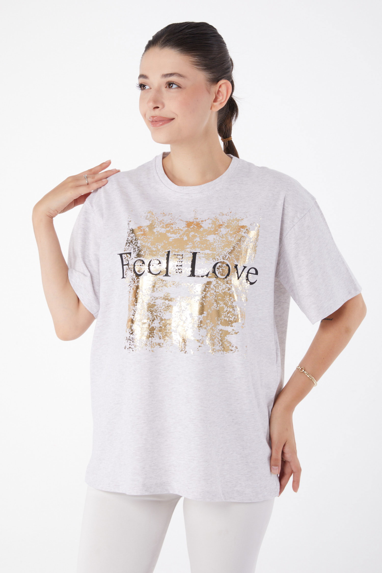 Düz Bisiklet Yaka Kadın Gri Kısa Kollu Baskılı T-shirt - 25982 - 1