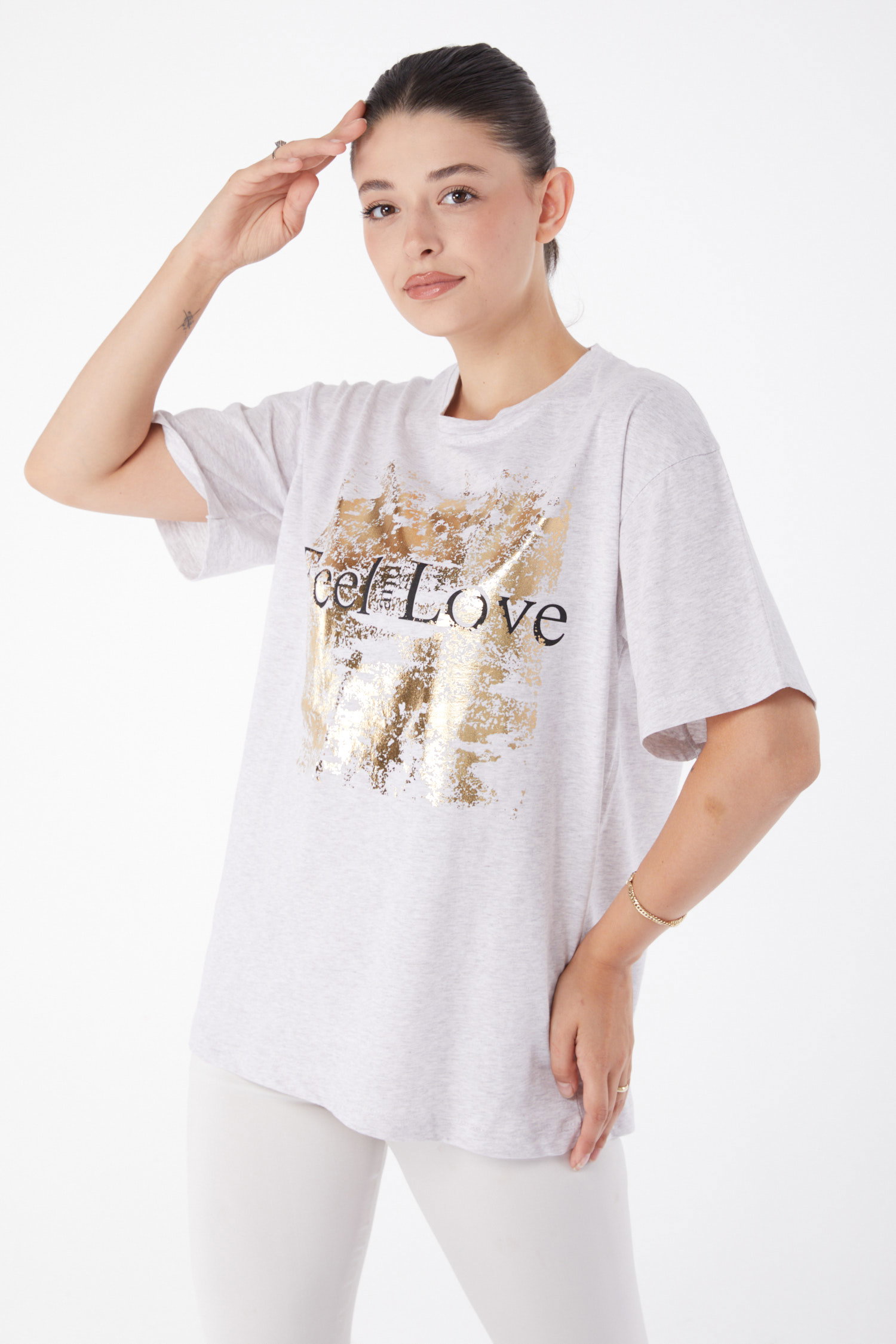 Düz Bisiklet Yaka Kadın Gri Kısa Kollu Baskılı T-shirt - 25982 - 3