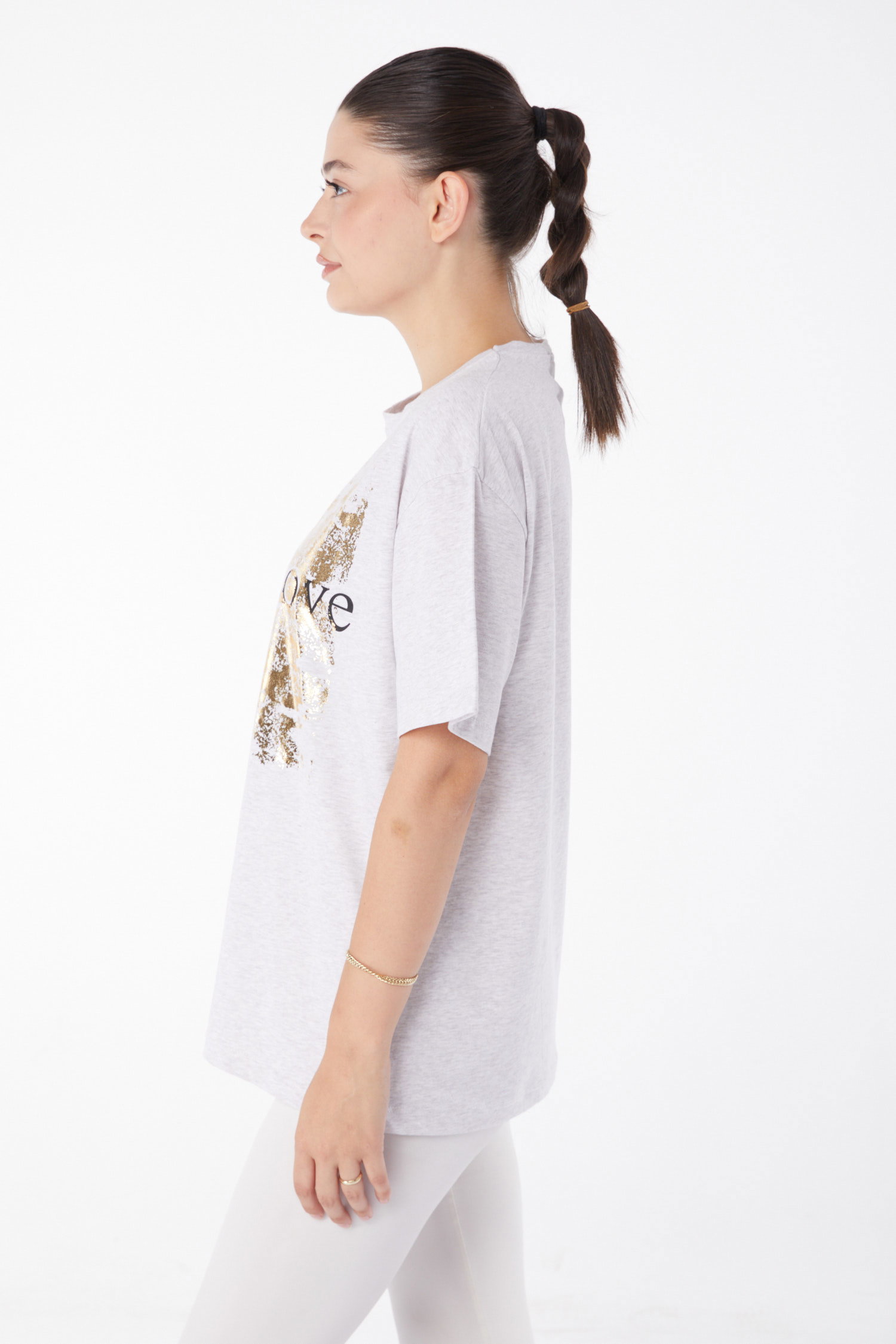 Düz Bisiklet Yaka Kadın Gri Kısa Kollu Baskılı T-shirt - 25982 - 4
