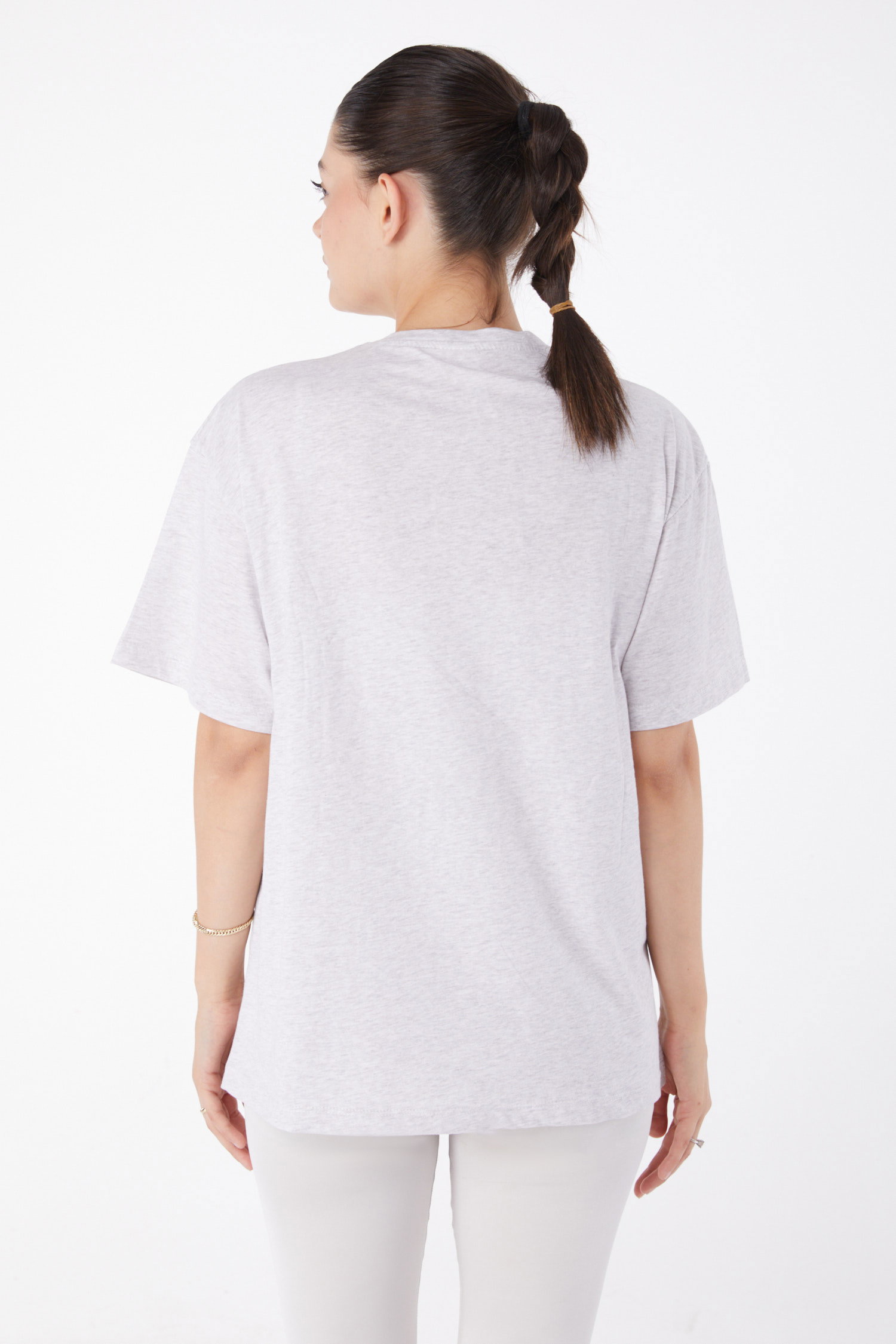 Düz Bisiklet Yaka Kadın Gri Kısa Kollu Baskılı T-shirt - 25982 - 5