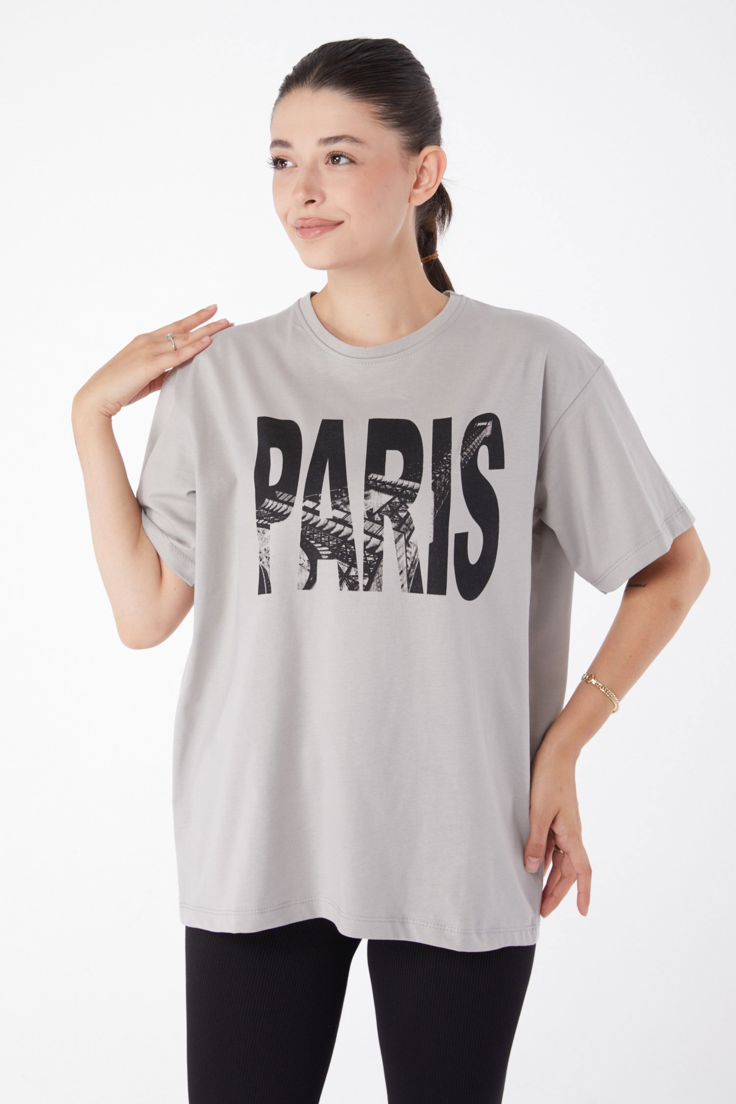 Düz Bisiklet Yaka Kadın Gri Kısa Kollu Baskılı T-shirt - 25985 - 1