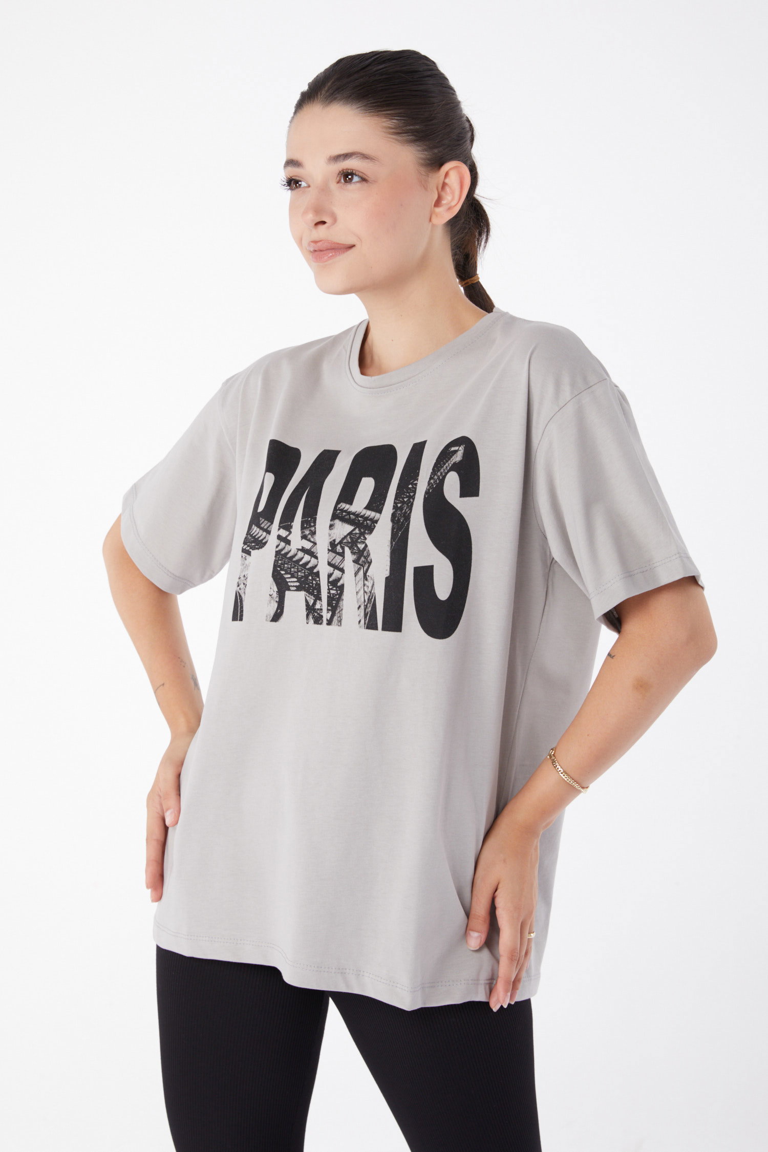 Düz Bisiklet Yaka Kadın Gri Kısa Kollu Baskılı T-shirt - 25985 - 3