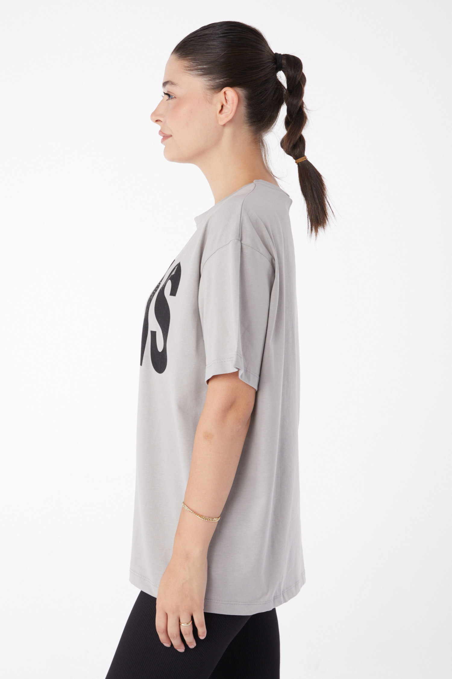 Düz Bisiklet Yaka Kadın Gri Kısa Kollu Baskılı T-shirt - 25985 - 4
