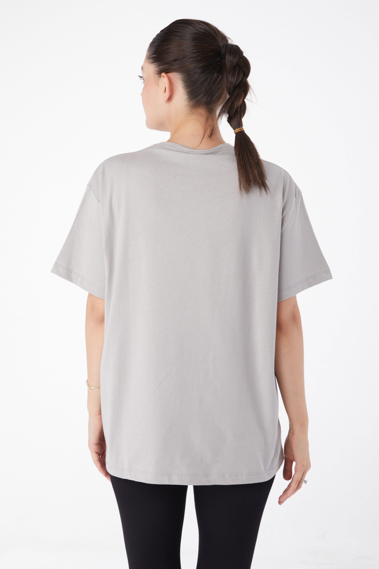 Düz Bisiklet Yaka Kadın Gri Kısa Kollu Baskılı T-shirt - 25985 - 5
