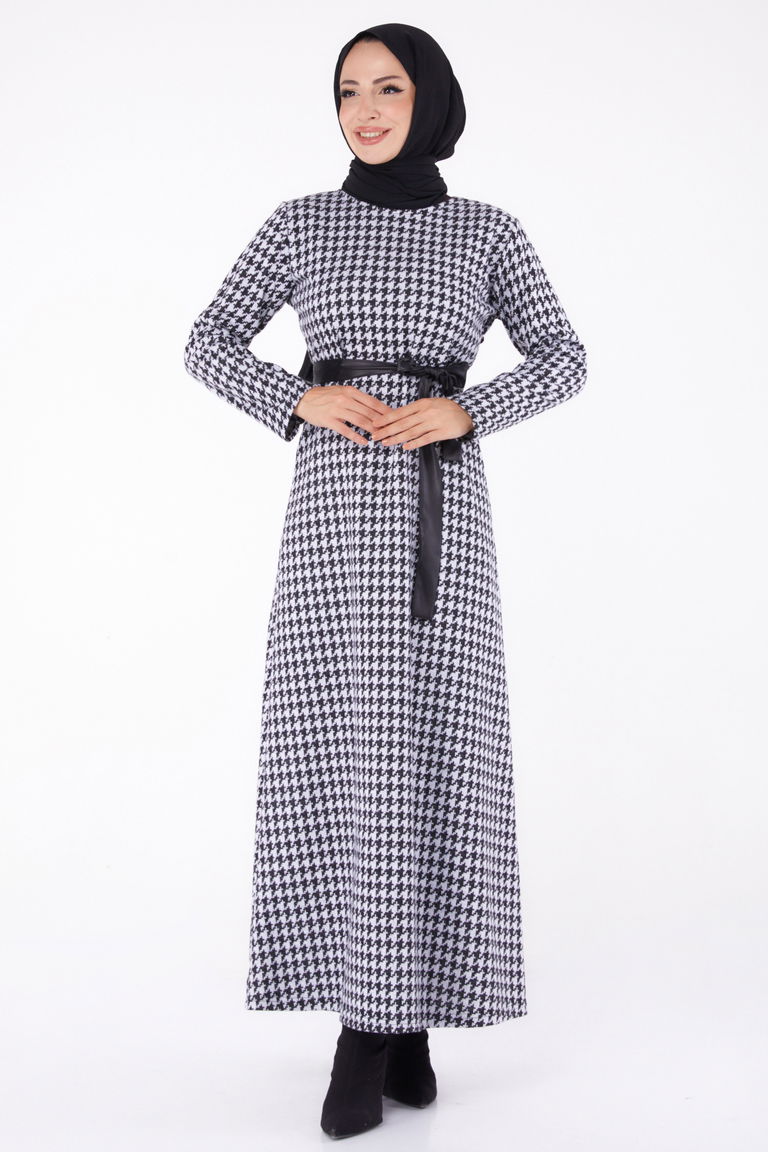 Düz Bisiklet Yaka Kadın Gri Kuşaklı Elbise - 13322 - TOFİSA