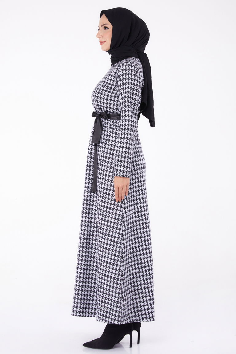 Düz Bisiklet Yaka Kadın Gri Kuşaklı Elbise - 13322 - TOFİSA