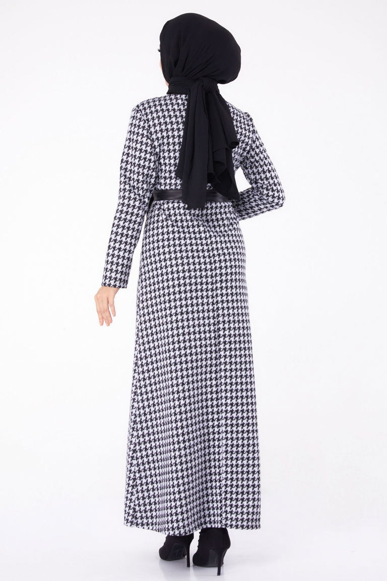 Düz Bisiklet Yaka Kadın Gri Kuşaklı Elbise - 13322 - TOFİSA