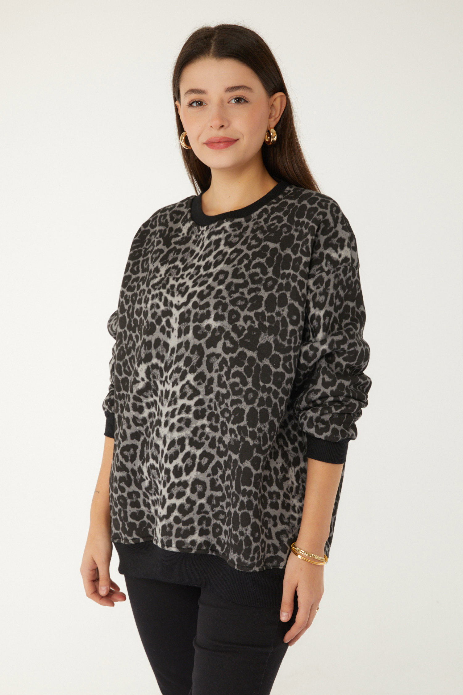 Düz Bisiklet Yaka Kadın Gri Leopar Desenli Sweat - 26535 - 5