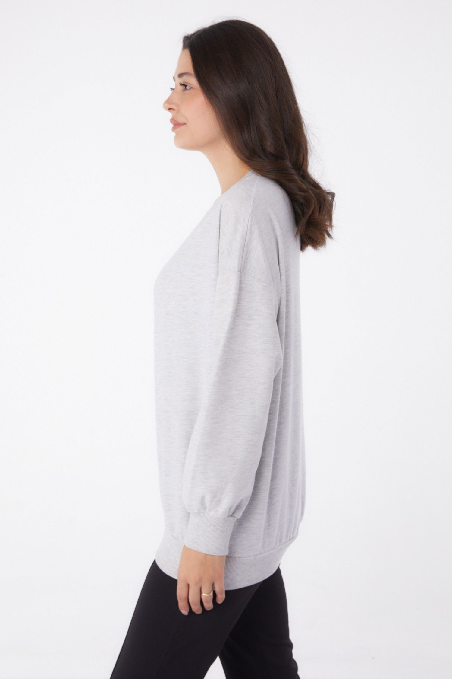 Manşetli Sweatshirt Gri - 26046 - 4