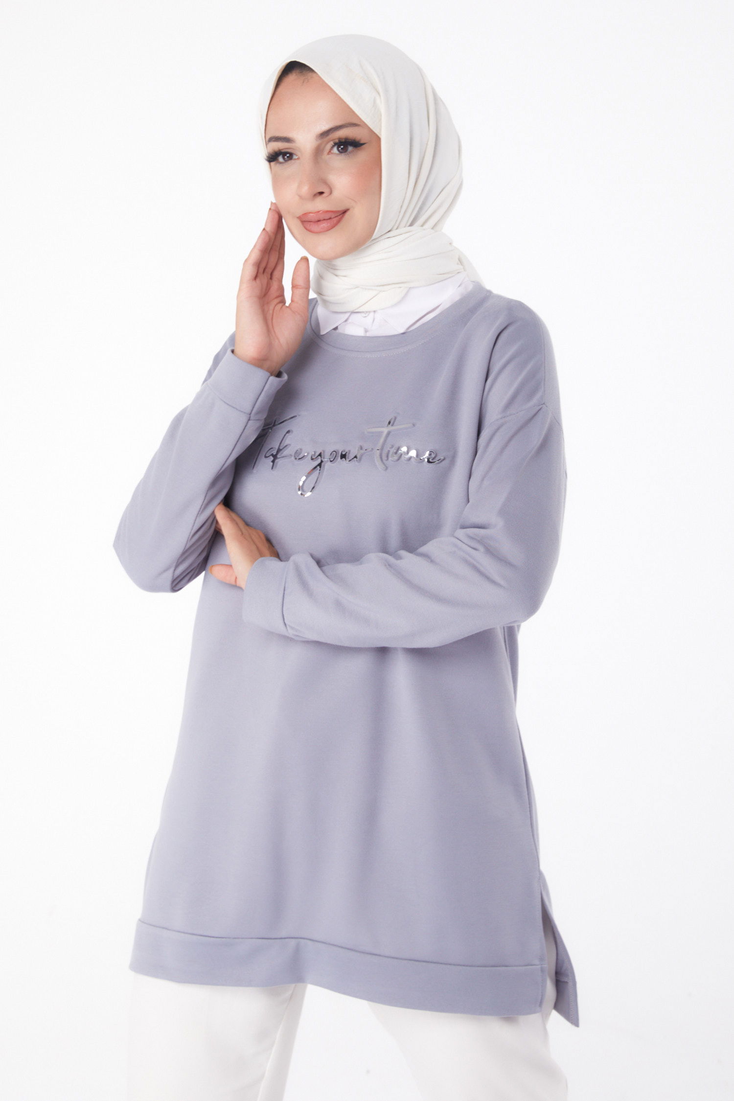 Düz Bisiklet Yaka Kadın Gri Sweat - 26199 - 2