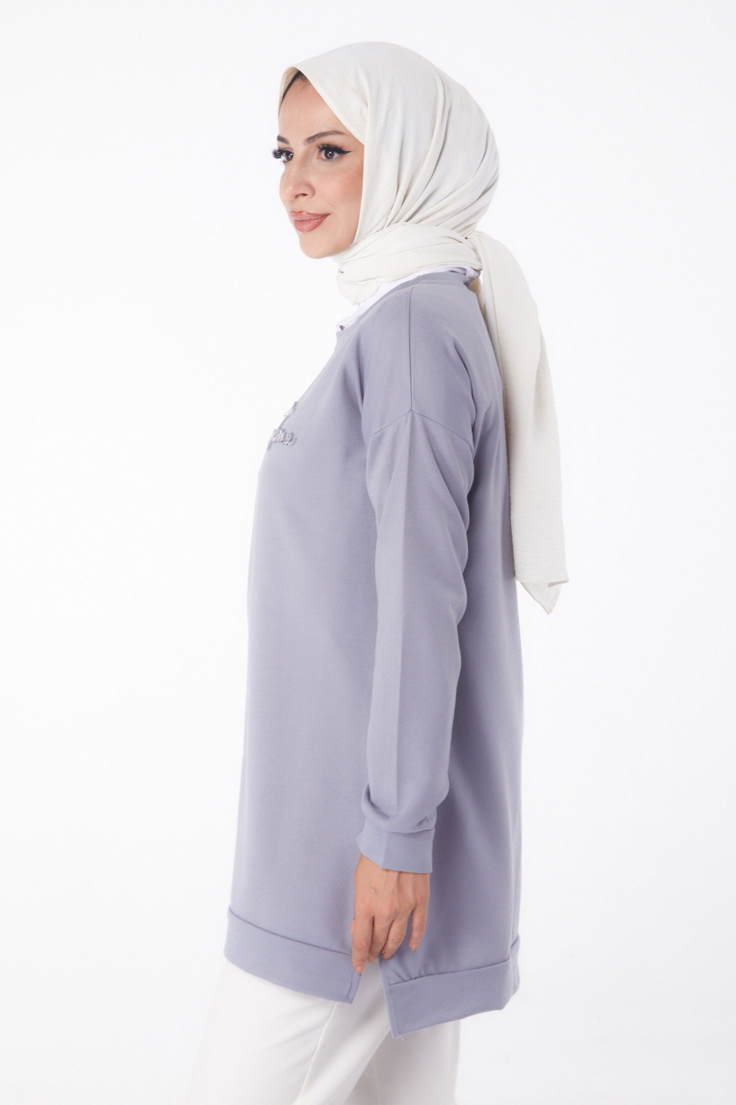 Düz Bisiklet Yaka Kadın Gri Sweat - 26199 - 3