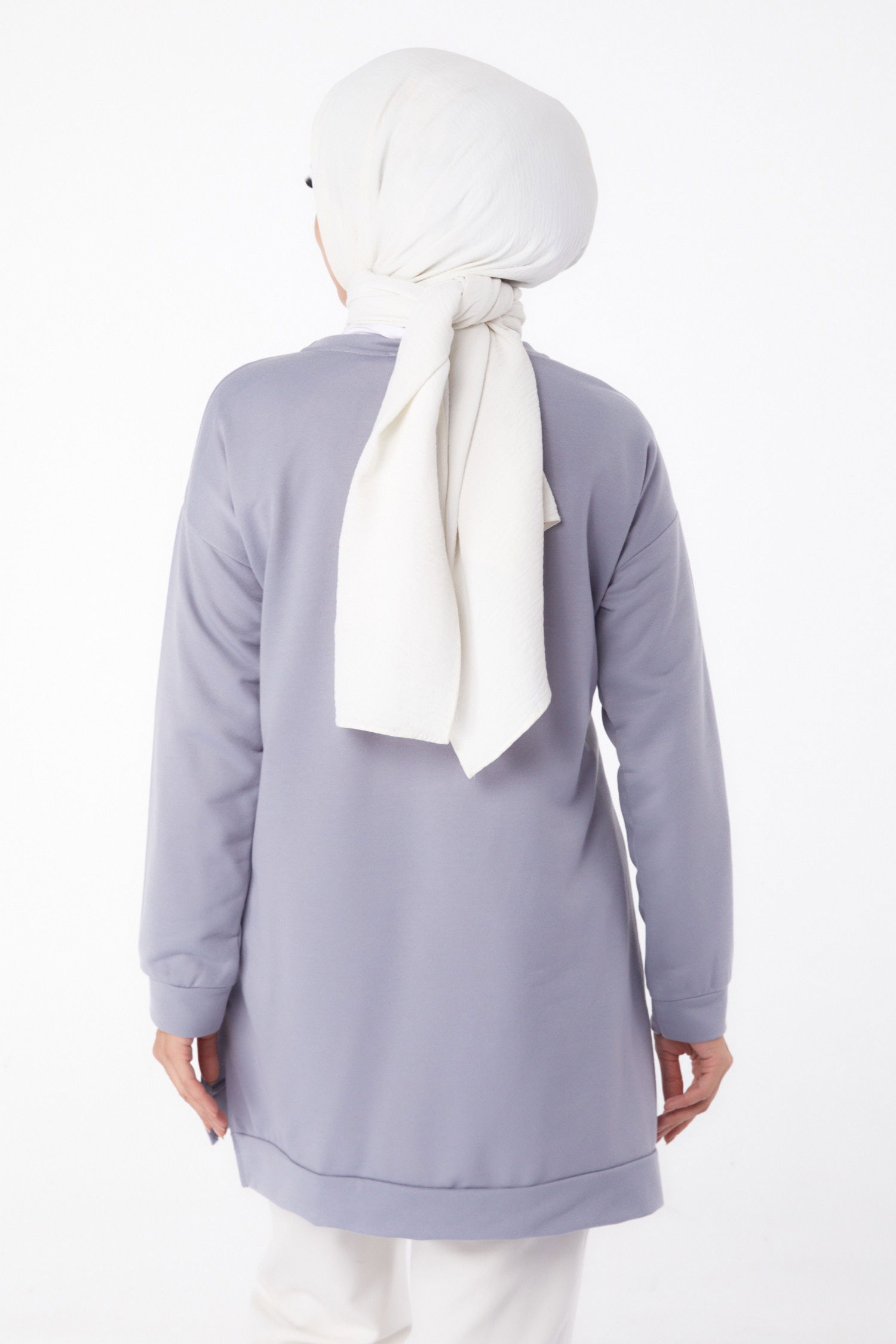Düz Bisiklet Yaka Kadın Gri Sweat - 26199 - 4