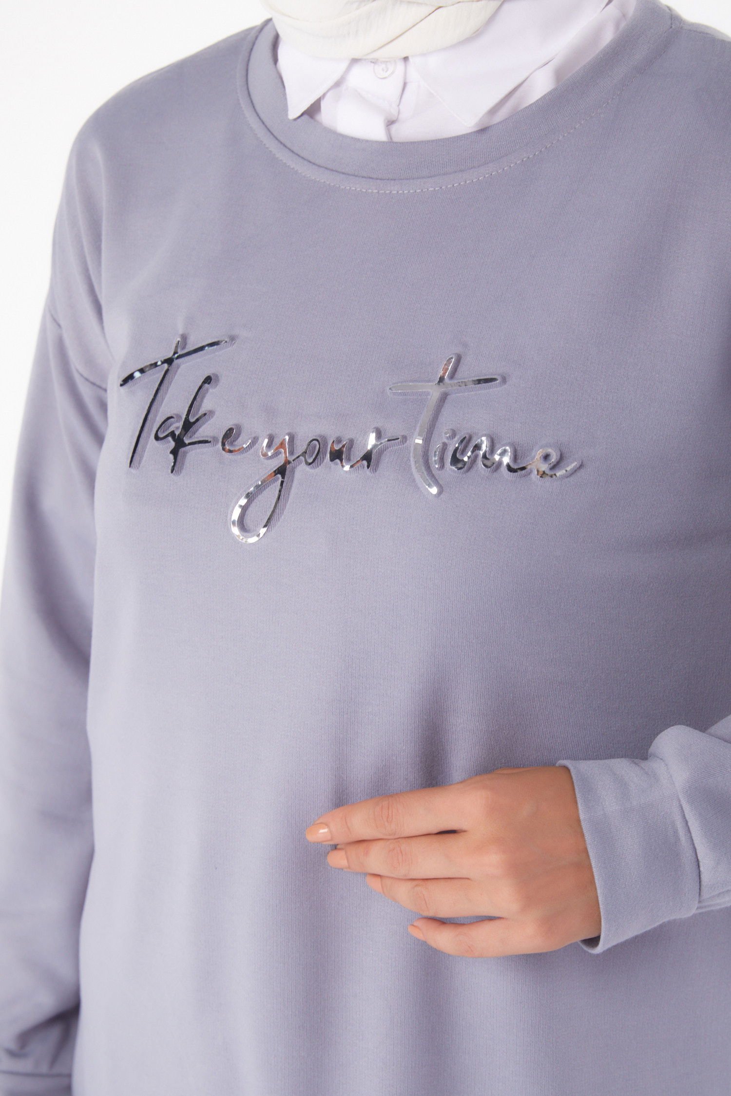 Düz Bisiklet Yaka Kadın Gri Sweat - 26199 - 5
