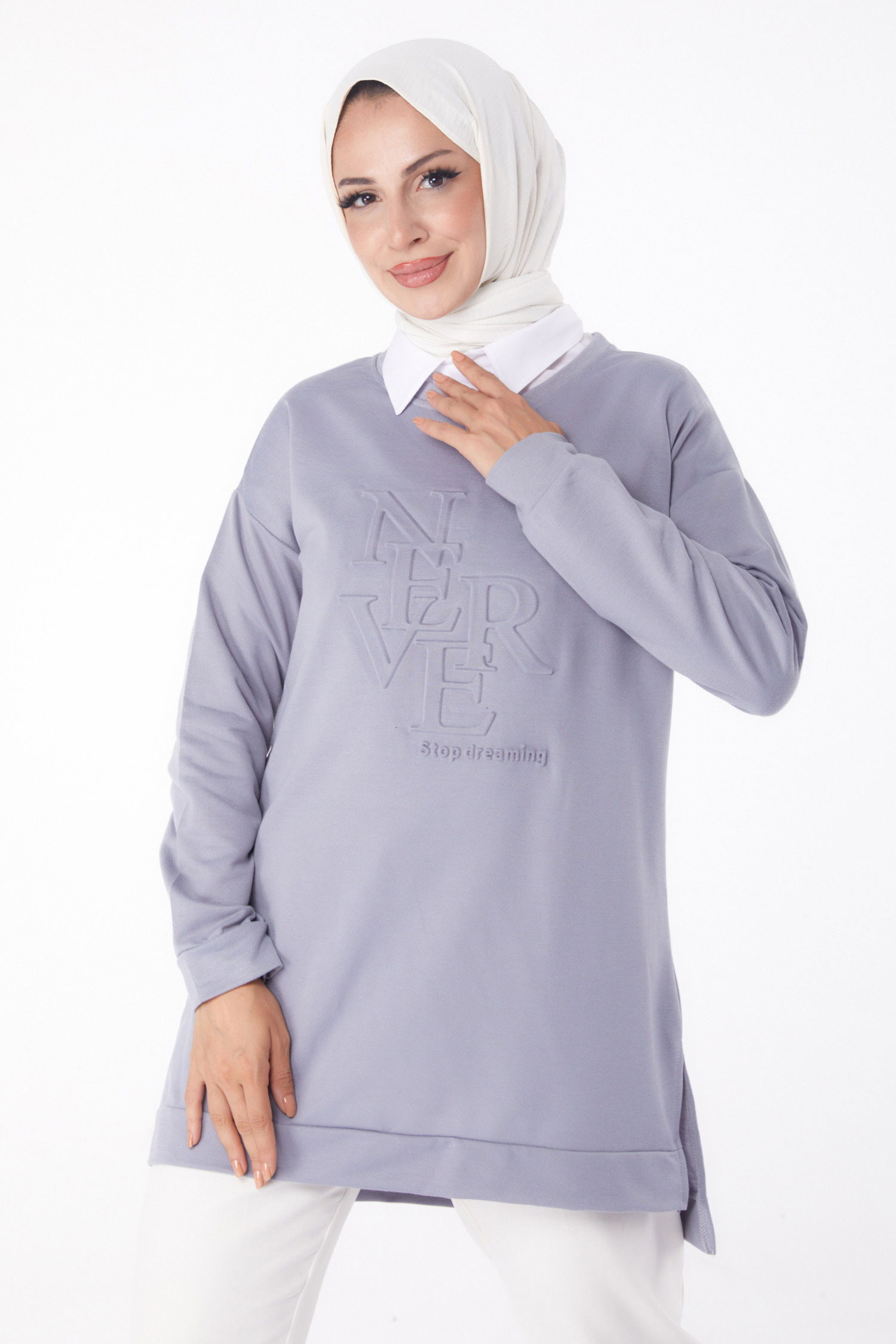 Düz Bisiklet Yaka Kadın Gri Sweat - 26201 - 1