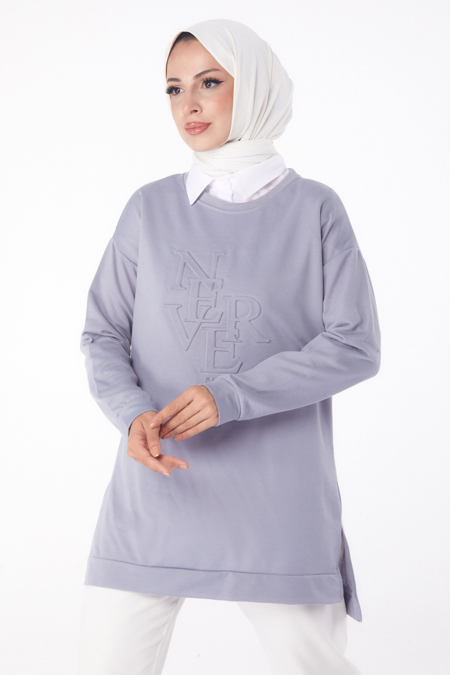 Düz Bisiklet Yaka Kadın Gri Sweat - 26201 - 2