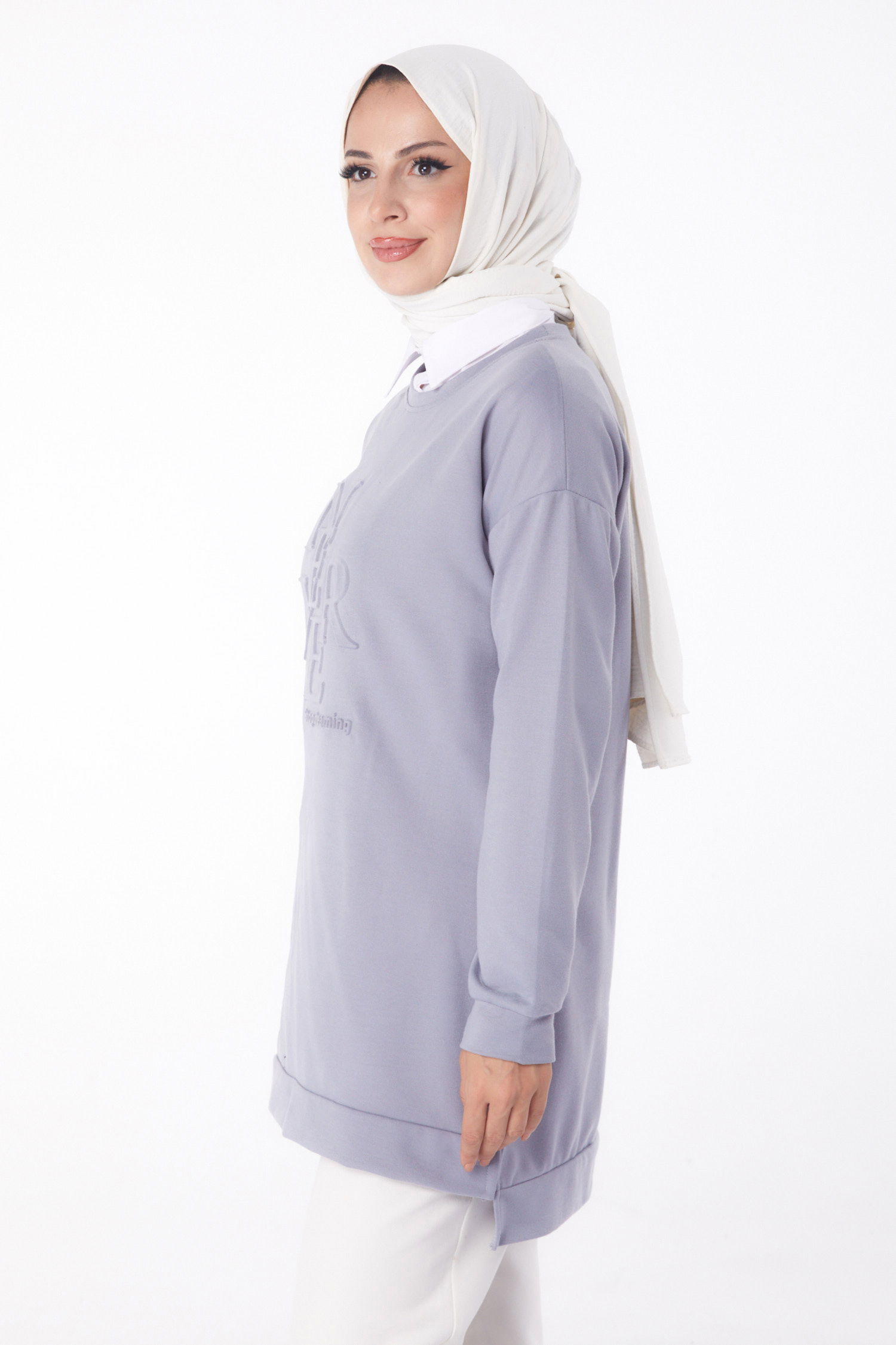 Düz Bisiklet Yaka Kadın Gri Sweat - 26201 - 3