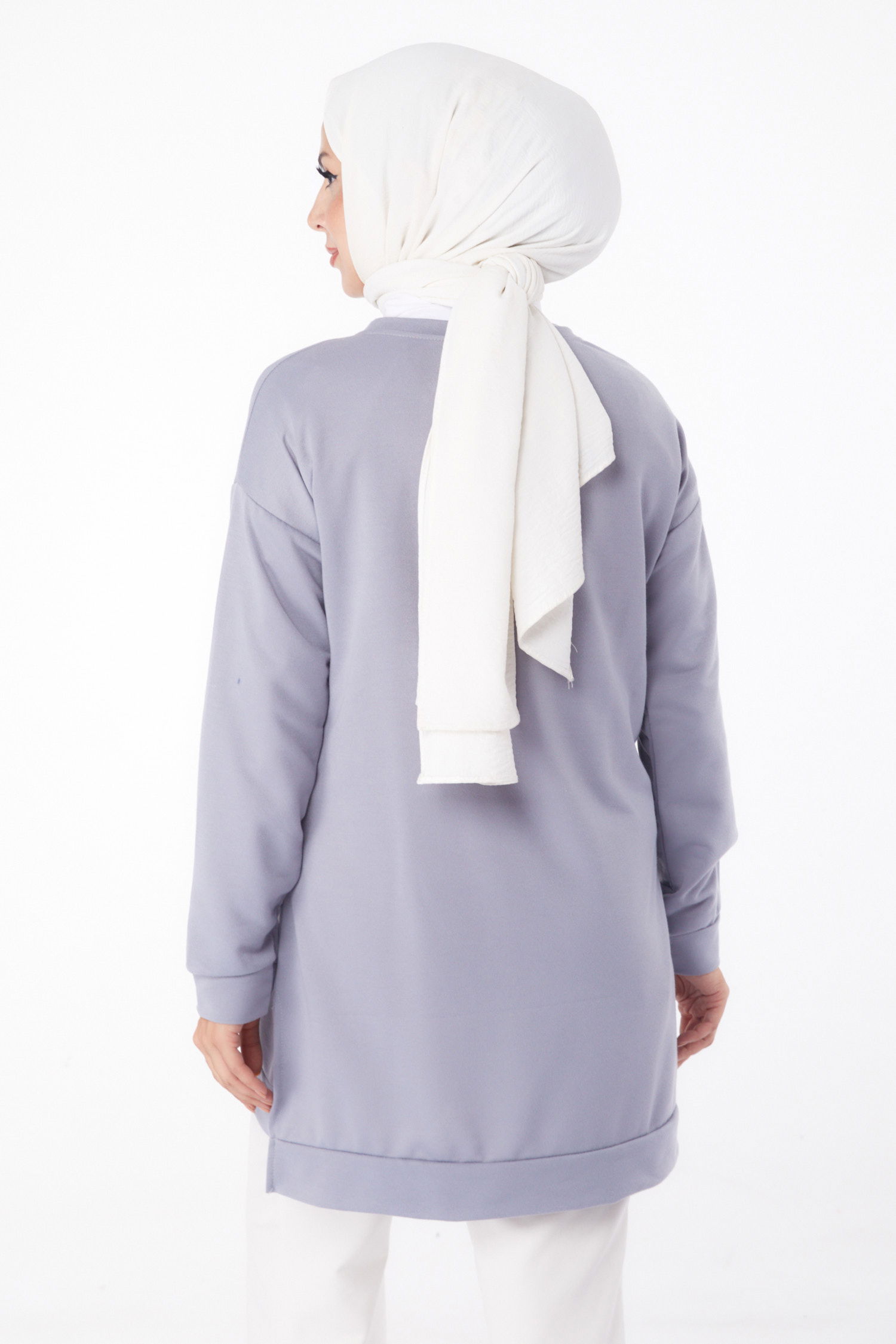 Düz Bisiklet Yaka Kadın Gri Sweat - 26201 - 4
