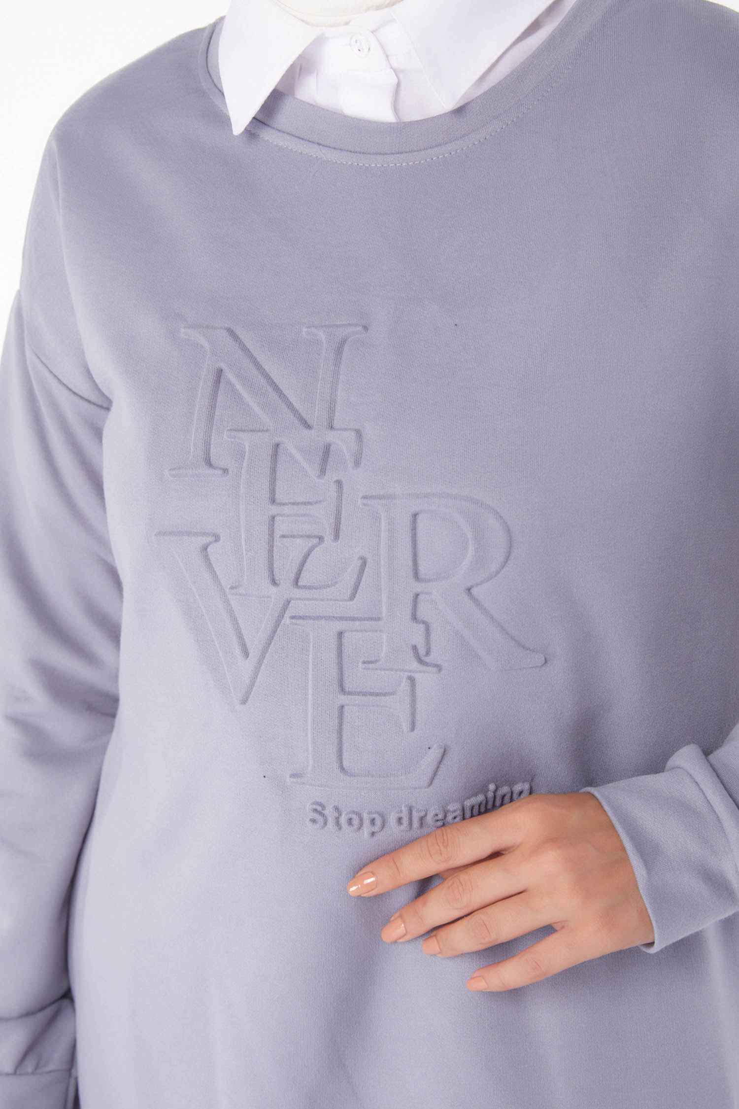 Düz Bisiklet Yaka Kadın Gri Sweat - 26201 - 5