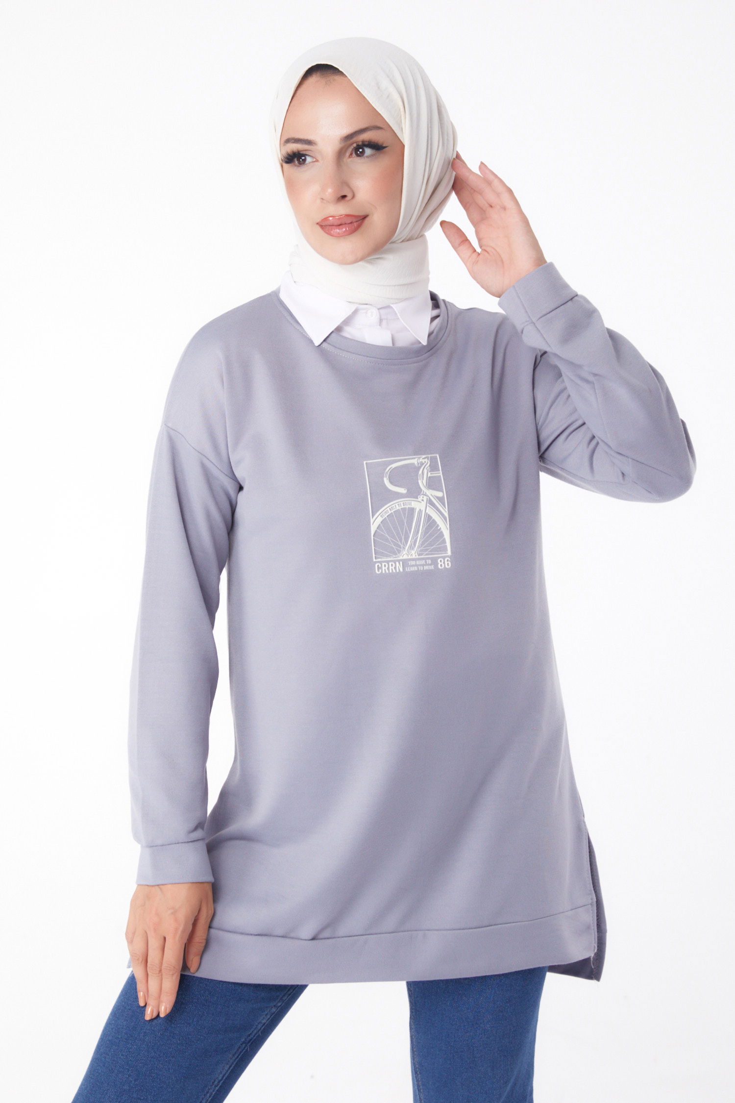 Düz Bisiklet Yaka Kadın Gri Sweat - 26202 - 1