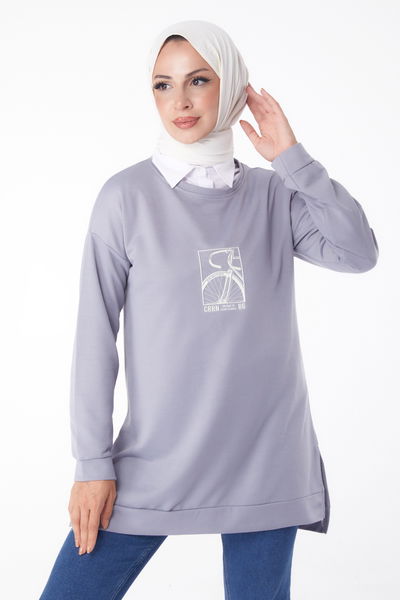 Düz Bisiklet Yaka Kadın Gri Sweat - 26202 