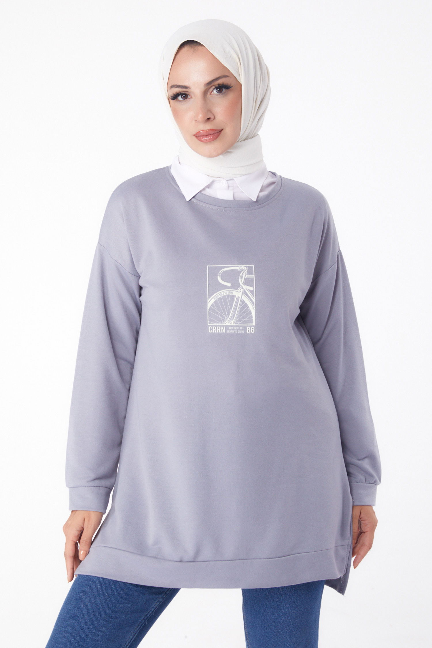 Düz Bisiklet Yaka Kadın Gri Sweat - 26202 - 2
