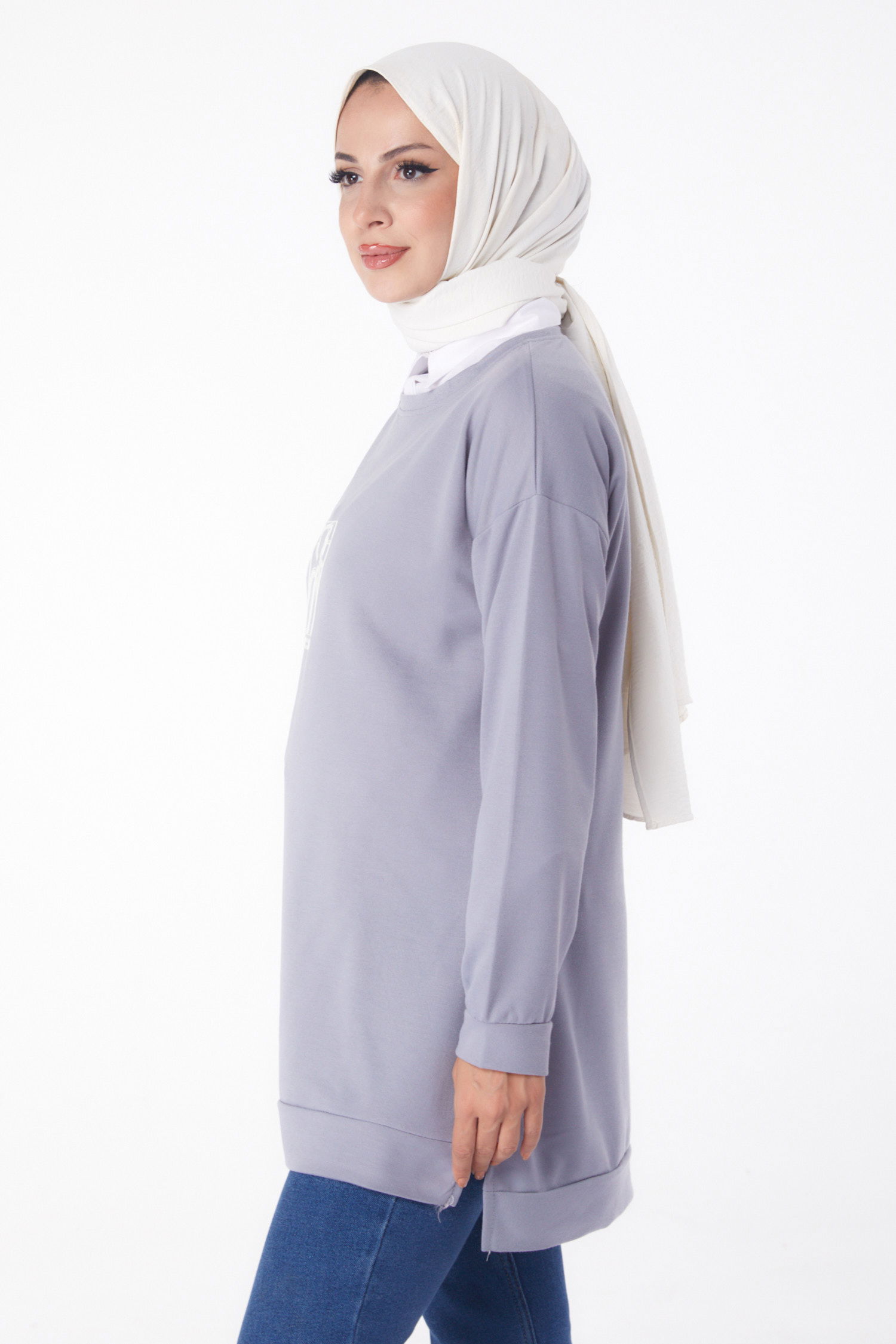 Düz Bisiklet Yaka Kadın Gri Sweat - 26202 - 3