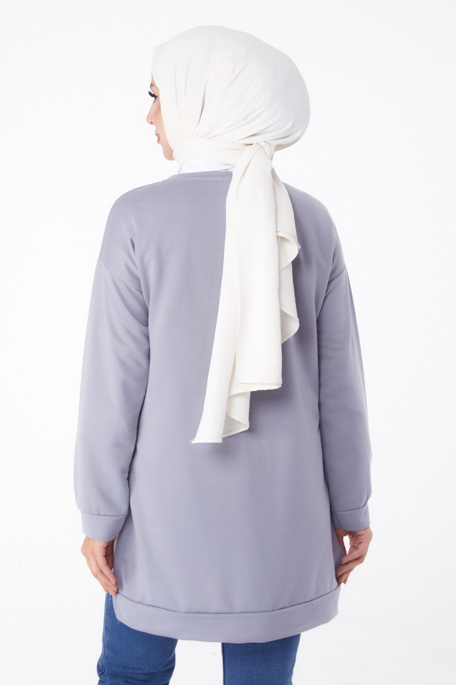 Düz Bisiklet Yaka Kadın Gri Sweat - 26202 - 4